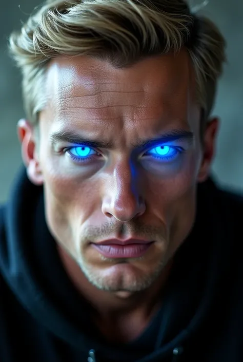 Blonde hair man zoomed in, eyes glowing blue, handsome, mature looking no beard