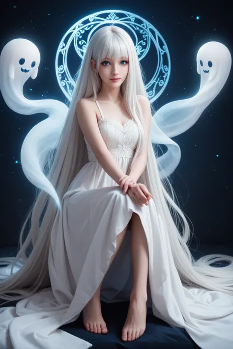 kind gentle cute ghost girl healer very long hair pale white hair sitting full body ghostly ethereal