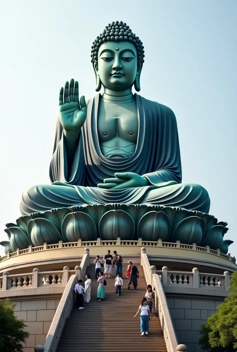 

"A towering bronze Buddha statue seated on a lotus platform, inspired by the Tian Tan Buddha in Hong Kong. The statue features intricate detailing on the hair curls and robes. One hand is raised in a gesture of blessing (Abhaya Mudra), and the other rest...