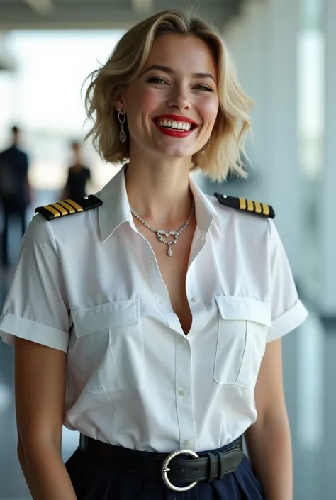 white norvegian pilot lady, in white deep-necked pilot shirt, laughing with her mouth open, red lipstick accentuating her smile,belt on waist, big wide hips, chest are fully grown, jewerly, short hair, HD, enjoing at airport , photo-realism
