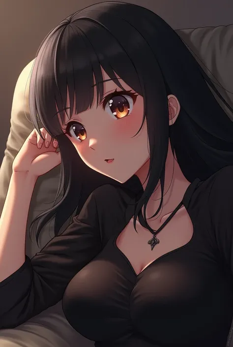 young girl,  lying on the couch, with a blushed face ,  long black hair and bangs ,  dark brown eyes , Wearing sexy beautiful black clothes, profile picture,  anime style .