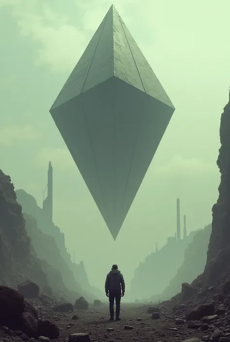 post-apocalyptic landscape with a large prism floating above the earth and a man watching from afar 