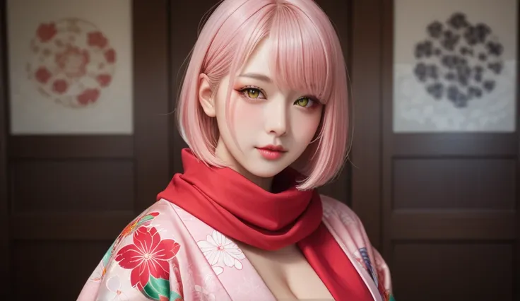 score_9, score_8_up, score_7_up, anime style photo, 4k graphic resolution, detailed background, highly detailed, pink hair, straight hair, bob cut, colorful korean kimono, large breasts, pretty face, (blush:0.7), detailed face and eyes, detailed skin, gold...