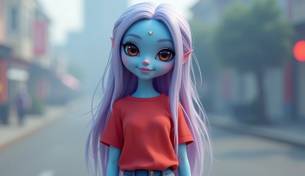 beautiful blue skinned alien model, irreverent figure, long straight hair, hair parted in the middle, loose hair, light lilac hair, smooth blue skin, a small star in the middle of the forehead, bright brown eyes, delicate makeup, blue lips, discreet smile,...