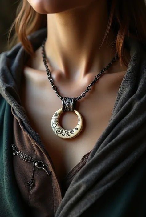 Medieval round moon symbol necklace made of bone 