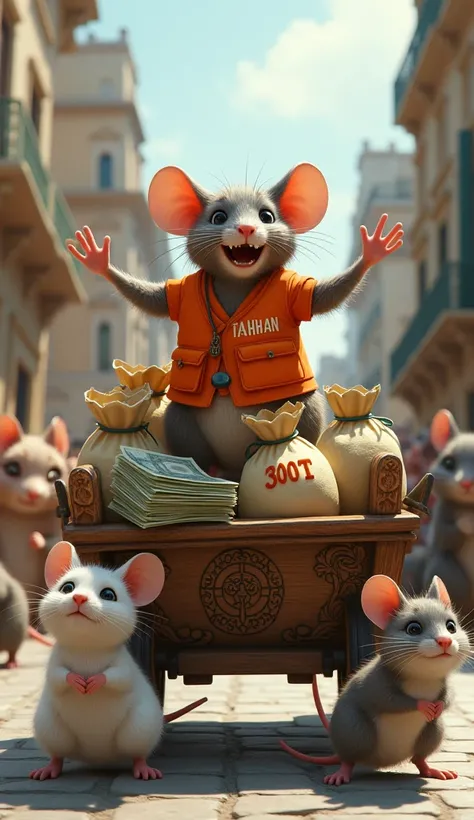 Realistically depict an anthropomorphic rat, wearing an orange emergency vest with the word "TAHANAN" on its chest. The mouse stood on a wooden cart decorated with intricate carvings and luxurious details, waving its arms with a happy and confident express...