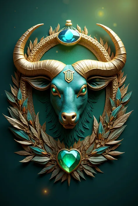 Design a 3D 1080p captivating artwork representing the Taurus zodiac sign with its lucky elements. Include a bold Taurus symbol sign surrounded by an earthy, natural theme. Highlight lucky birthstones such as emerald, blue topaz, carnelian sapphire with gl...