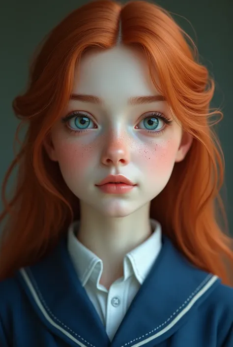 woman,  white skin ,  blue eyes,  red hair ,  long hair ,  Create a girl 16 ,  face with freckles,  gentle expression ,  blue uniform,  realistic style, estilo live-action