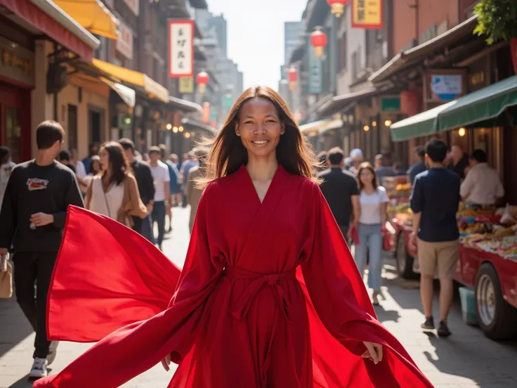 Woman smiling wearing red robe in a busy street 