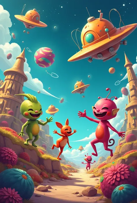 A joyful scene of aliens, s, and rocket ships together, all smiling and having the time of their lives.