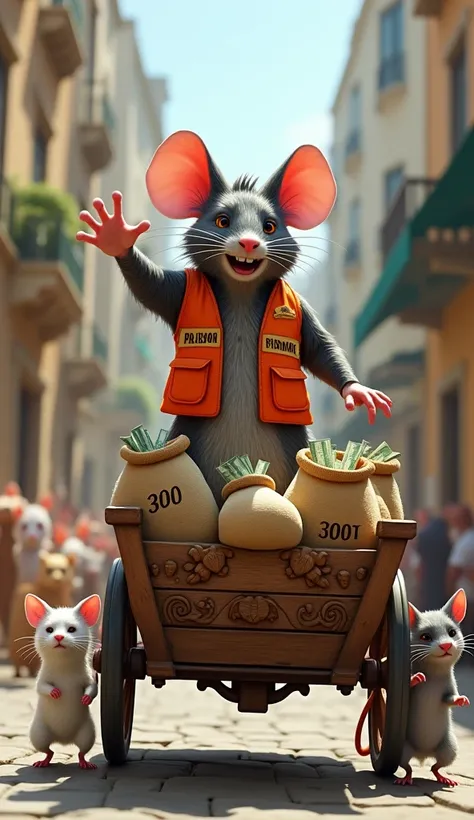  x} Realistically depict an anthropomorphic rat ,  wearing an orange emergency vest with the inscription  " PRISONER "  on his chest .  The rat stands on a wooden cart decorated with intricate carvings and luxurious details ,  waving with a happy and confi...