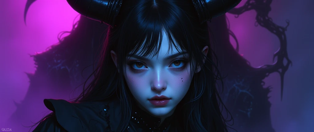  medium-long shot of a stunning Korean goth girl posing against a dark, mysterious backdrop bathed in eerie purple light. Her pale skin and jet-black hair seem to glow with an otherworldly luminescence. Her pure black eyes gleam like polished onyx as she g...