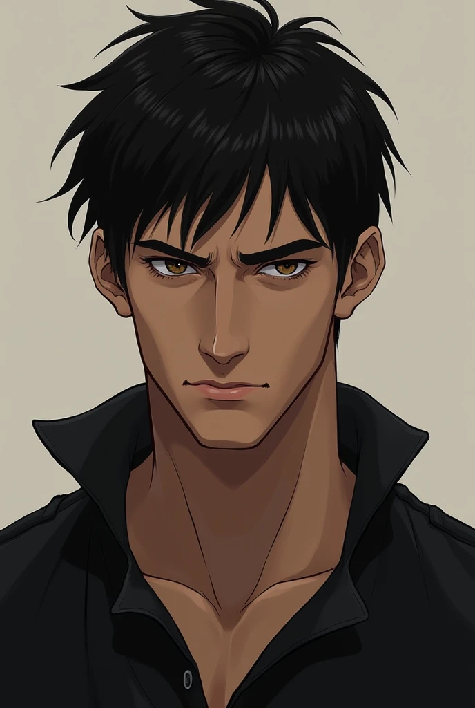  Leon has a serious face with firm features and an intense look. His eyes are brown, with a touch of depth .  His skin is clear and his hair is black ,  Short and slightly messy . It is high,  of athletic build ,  and her presence is impressive ,  although...