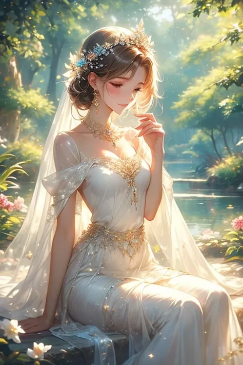 Amidst the clear stream in the lush woods,
A maiden sits gracefully, adorned in elegant attire.
Her silken fabric draped delicately,
A beauty profound, as if bestowed by the heavens.

She holds a crystal in her gentle hand,
Reflecting light like stars in t...