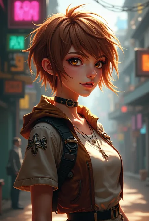  Create a girl with short hair with light brown eyes, That has style from the series Arcane 