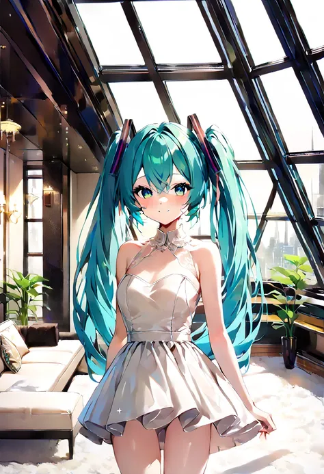 (hatsune miku:1.2), (flieren:1.4), (bright green hair:1.4), (cowboy shot:1.4), (luxurious penthouse, indoor rooftop inn:1.4), 