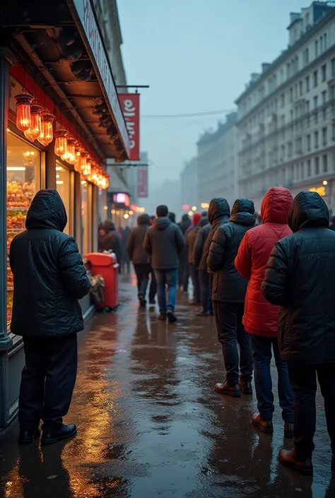  Early gloomy New Years morning in Moscow , rain and snow,  muddy puddles chomp under their feet , People,  dressed in cellophane raincoats huddle over quilted jackets outside a closed grocery store, who has not yet opened ,  queuing up with empty string b...