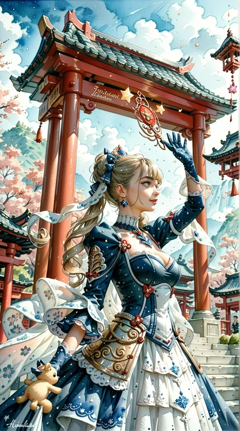  A meticulously depicted powerful goddess ，Extraordinary Mysterious ， Elegant movement and penetrating gaze， Formidable Armor ， Enchanted Gloves ， Waving Wand ，Tin Shrine，watercolor painting，star lit sky，Holy Magic，