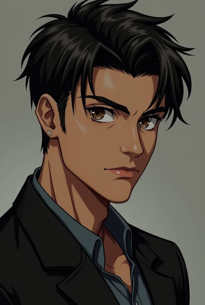  Leon has a serious face with firm features and an intense look. His eyes are brown, with a touch of depth .  His skin is clear and his hair is black ,  Short and slightly messy . It is high,  of athletic build ,  and her presence is impressive ,  although...