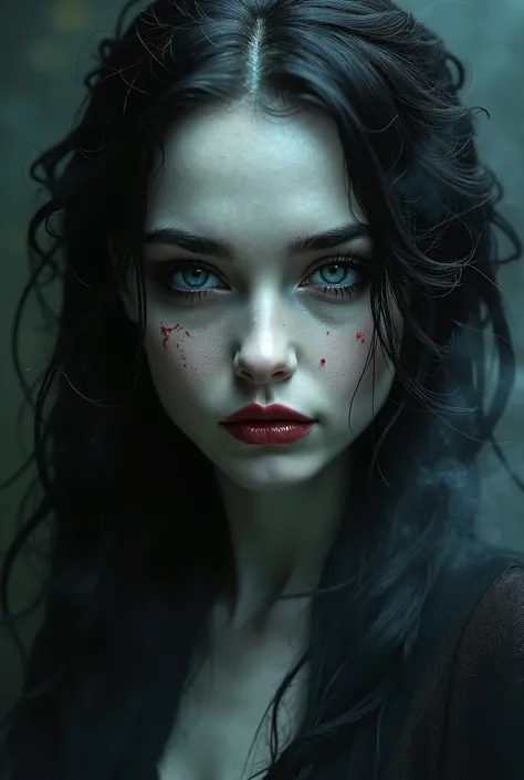 Vampire women, blood, very pale skin, death, dark background, mist, long dark hair, close up portrait, 1 girl, soloHigh Resolution, Masterpiece, Award Winning, Textured Skin, 