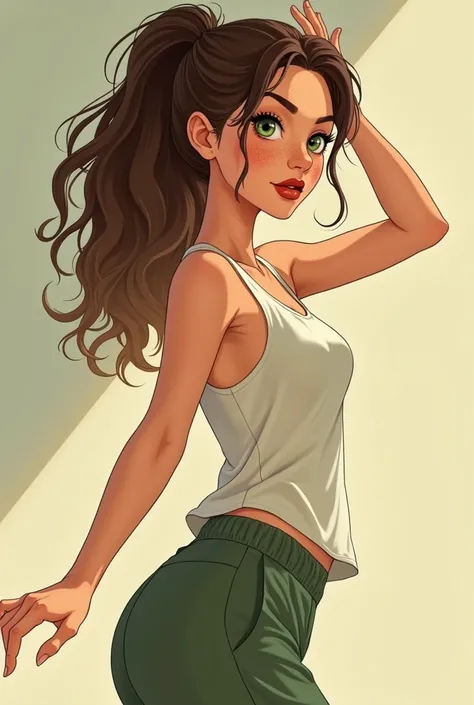  Create an image for my book , I need a fanart ,  she doesnt have to be like an anime character ,  she has green eyes mixed with honey ,  shes a contemporary dance dancer , has freckles,  her body is a skinny guy , she has thick thighs,  make her well invo...