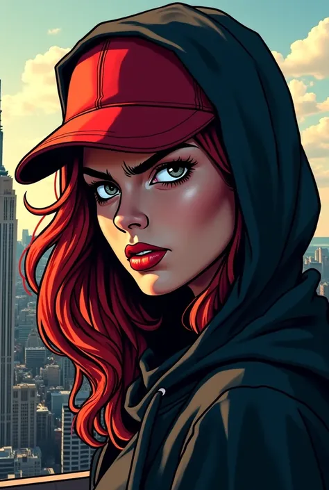 REALISTIC ILLUSTRATION OF HIGH GRAPHICS MODERN COMIC STYLE  , Shadow covering his face, Very angry furious of a woman with red hair in the shadows, red cap and dark gray hood , On the roof in the background the city of New York 