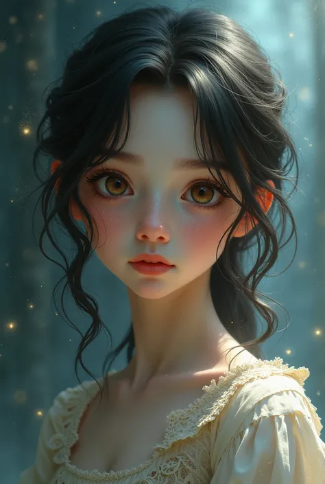  Create a girl with light brown eyes ,  who has an arcane drawing style ( The style of bi and Jind )