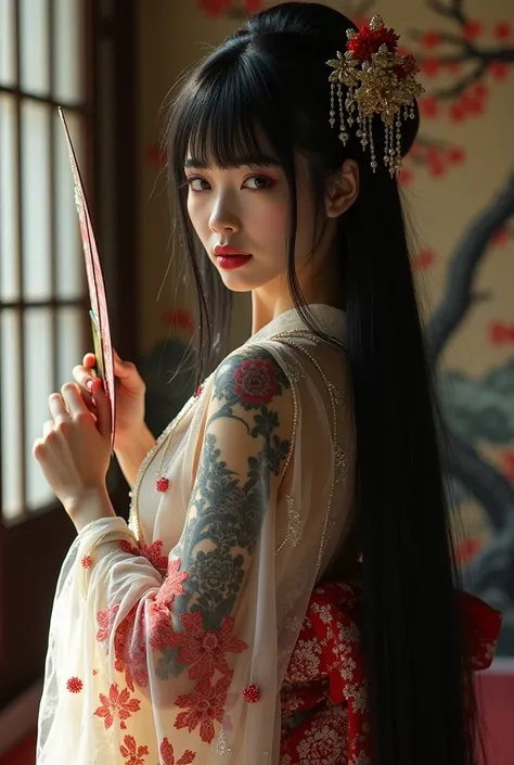 A hyper realistic photo of a Asian Geisha ,long black hair bang, adorned in a transparent robe, scattered shimmering embellishments adorn the sleeves panels, a large intricate black Wabori style coler tattoo on  her full body, holding a big fan, a wall pai...