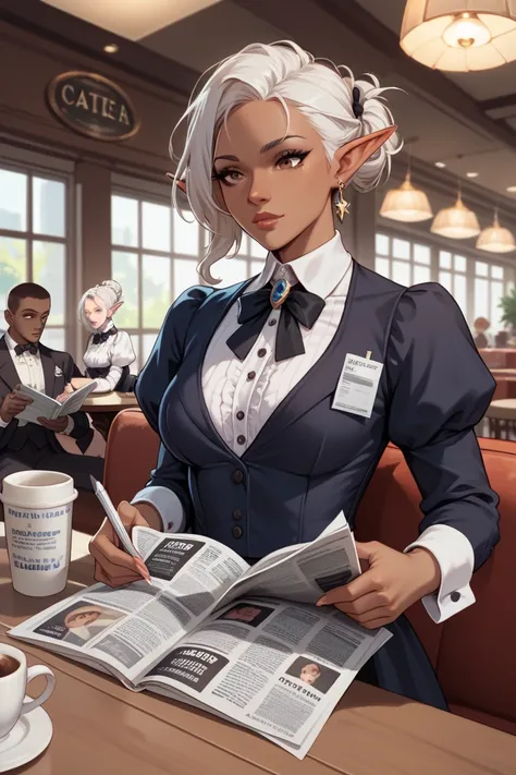 dark skinned male elf drow reading a newspaper, white hair, butler outfit, cafe, brown eyes