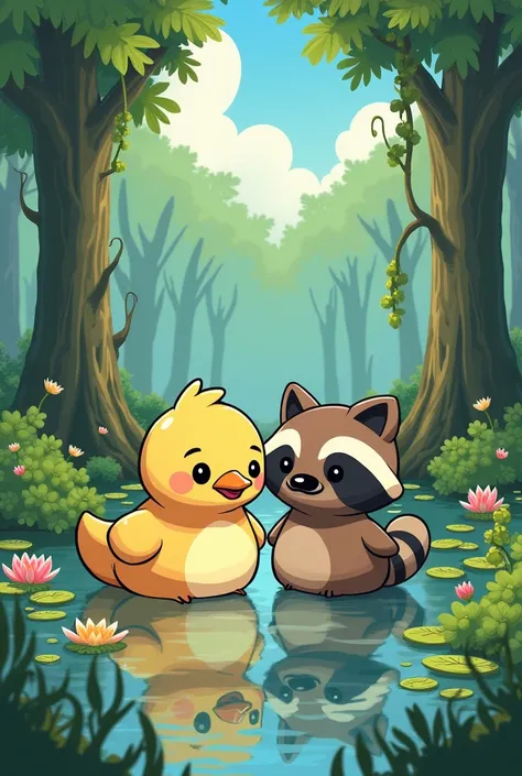 a swamp duck with his friend raccoon anime