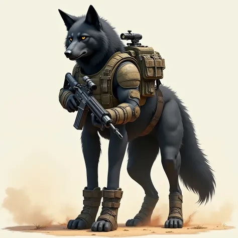 "A ferocious black wolf standing on two legs and ready for battle, dressed in tactical military equipment. The black wolf is standing on two legs wearing military boots, with muscular legs and sharp, intense eyes, exuding confidence and strength. It is ful...