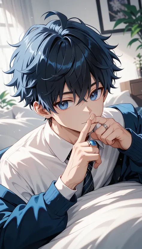 score_9, score_8_ up, score_7_ up,((8k)),1boy,blacl hair,Bedhead,dark blue eyes,Nagi-kun,blue moonstone ring on finger,Minimal