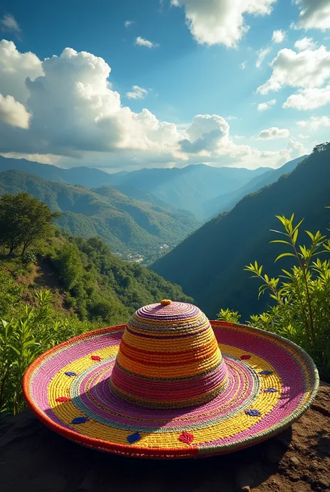 







 Creates an image with the following characteristics : Colombian Guajiro hat with a colorful landscape, Image quality: HD
