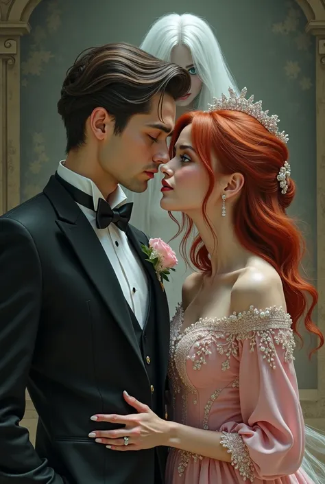  Create the image of a couple ,  the man wears luxurious clothes and has a charming appearance  (She also has blue eyes ),  the woman wears delicate clothes in shades of pink ,  but despite her sweet appearance she has a mischievous smile  ( has red hair a...