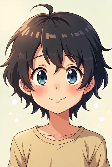 Comic-manga style: an eleven-year-old boy with shoulder-length hair, tender blue eyes and a smile. 