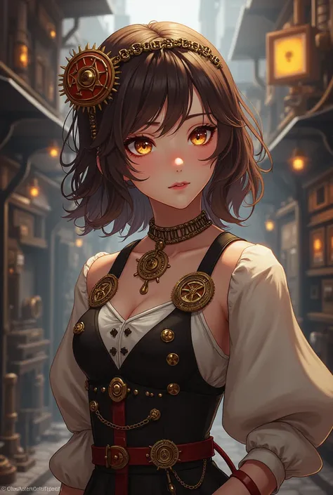  Create an anime and steampunk ,  style girl who has medium brown hair and light eyes ( Make the drawing arcane style  )