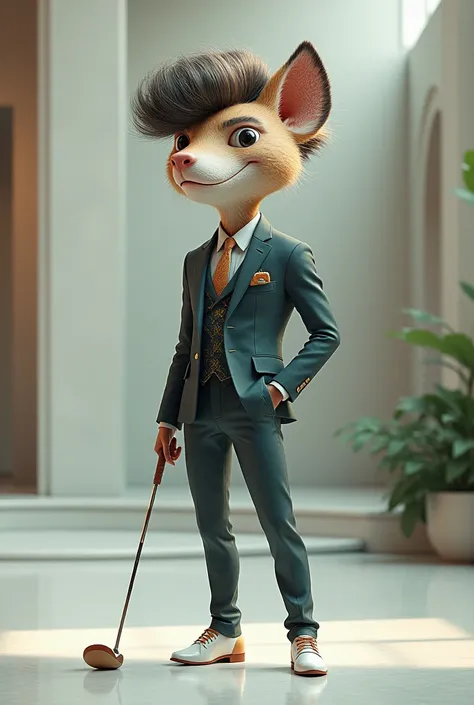 A suit qolf with sized hair in a mordern style
