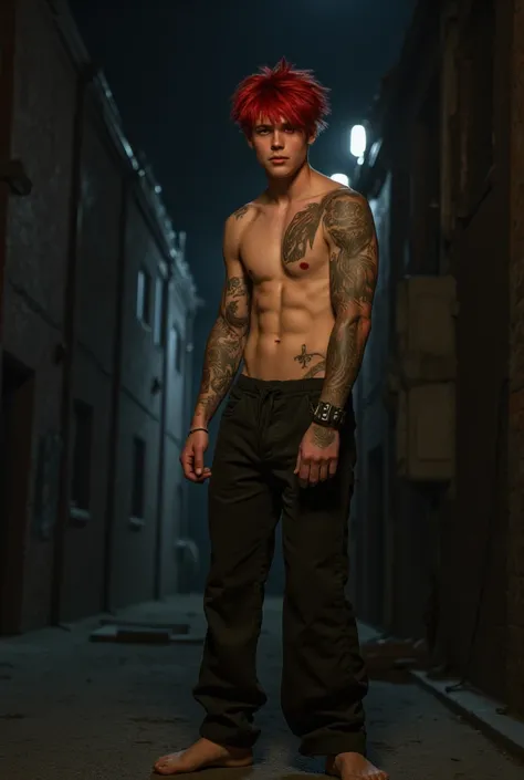 ((masterpiece, best work, high-resolution)), a human twink with red spike hair wearing jeans, 18-years old boy, red spike hair, red eyes, pale skin with a few tattoos, shapely chest and abs, toned arms, ((evil grin)), trafficker boy barefoot in a slum at n...