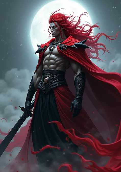 Create a character that is an immortal of the genus Manhua /Manhwa who looks powerful with features blood-red hair and silver eyes that are male and male and who holds a black sword