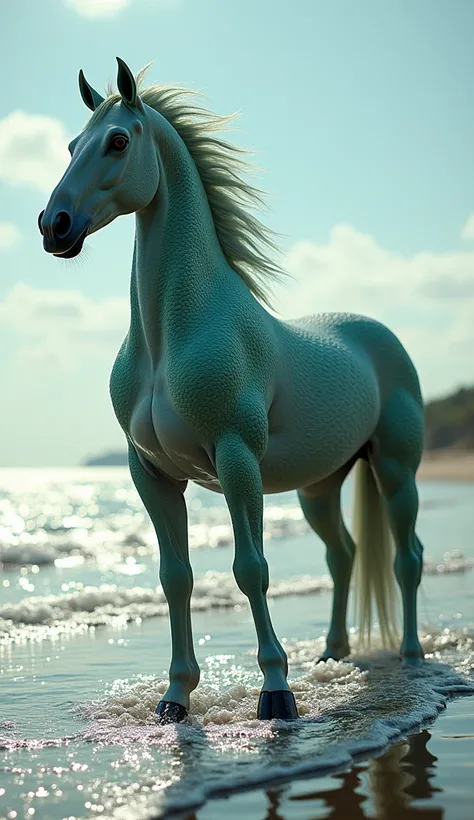 A realistic, full-body depiction of a hybrid creature combining the strength of a horse and the elegance of a seahorse, set in the same serene beach setting where the ocean meets the sand. The hybrid has the strong, muscular body of a horse, with powerful ...