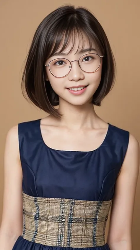 ( top quality :1.5), ( real:1.4), ( Ultra Fine:1.4), (1girl), (18-years-old girl), (normal body), (normal size breasts), ( dress), (normal height), (bangs), ( bob cut), (Glasses), (smile), (girl with glasses is standing front the plain background), ( cowbo...