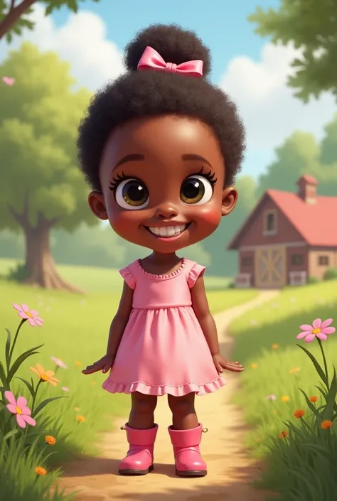  A small black baby  ,  with a ribbon bow around her head ,  pink dress  , She is standing ,   hair tied with pink ribbon   . She is smiling. she wears boots ,   Shes on a farm, she is happy.