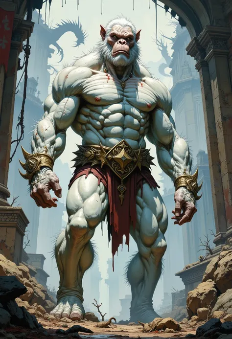 Full body, albino ape with human body, strong bodybuilder, muscular, strong, fantasy luxury, scary, shadow, dragon ball, fantasy, presents the terrifying and beautiful decay of an iconic mythical kingdom, which is slowly fading into legend. Concept art by ...