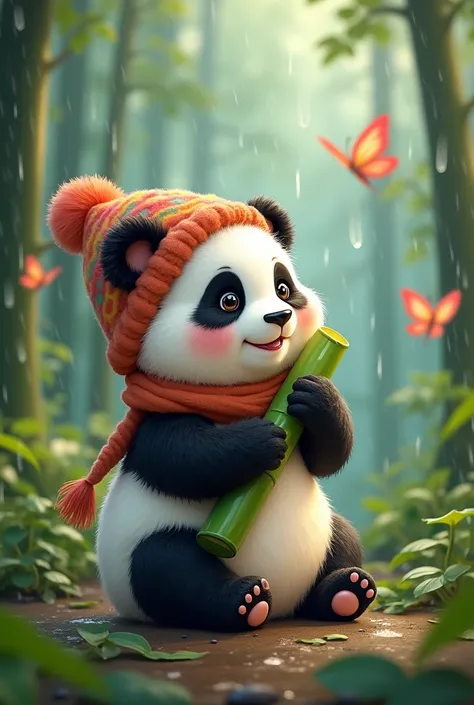 Little panda eating bamboo with cute clothes in the forest and several butterflies flying while it rains 