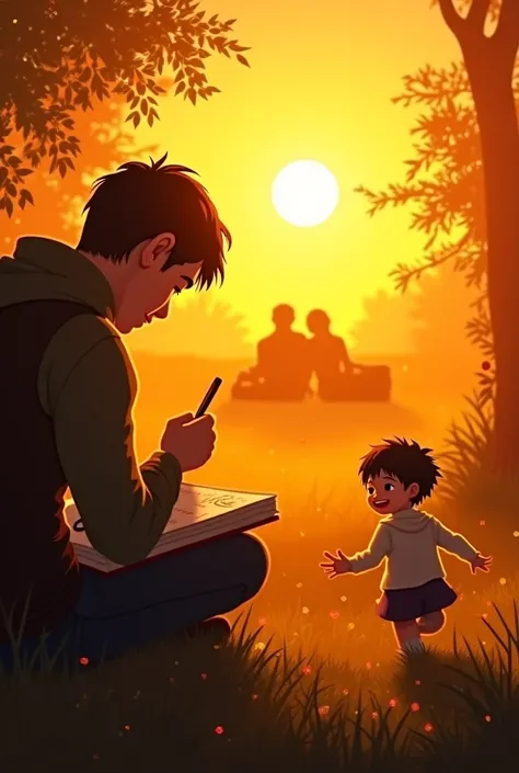  The camera shows a sunrise ,  someone writing in a notebook with the date "January 1 ",  ren playing under the sun ,  a couple dreaming in front of a map .