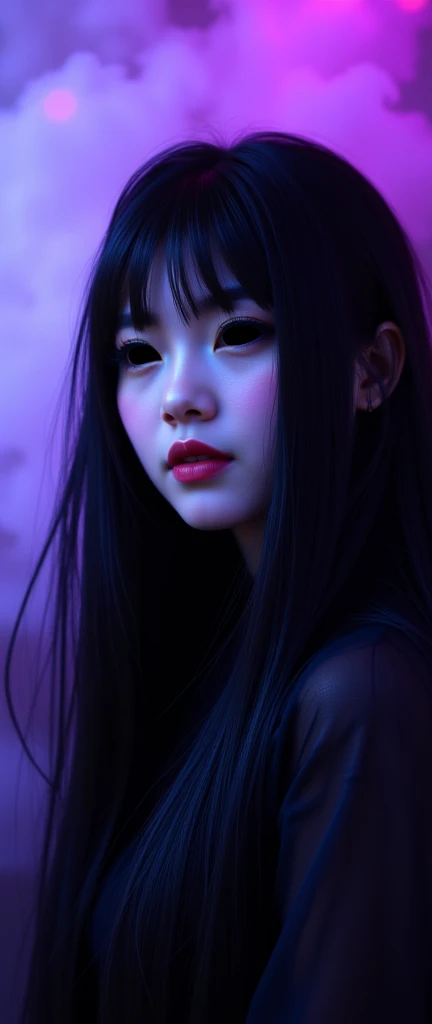  medium-long shot of a stunning Korean goth girl posing against a dark, mysterious backdrop bathed in eerie purple intense light. Her pale skin and jet-black hair seem to glow with an otherworldly luminescence. Her solid black eyes gleam like polished onyx...