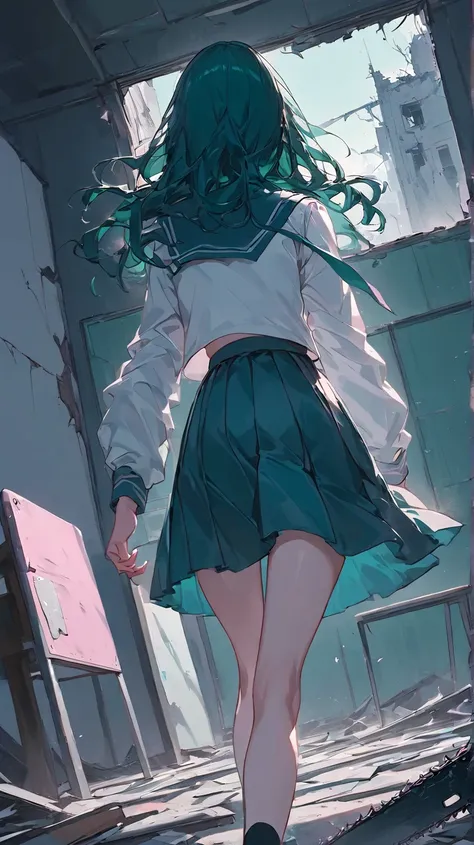 a woman with long wavy dark teal green hair, braid, pink eyes, pink school uniform, chainsaw at the background, running, ruin boarded classroom, look up back, (((alone))), looked from behind below, 