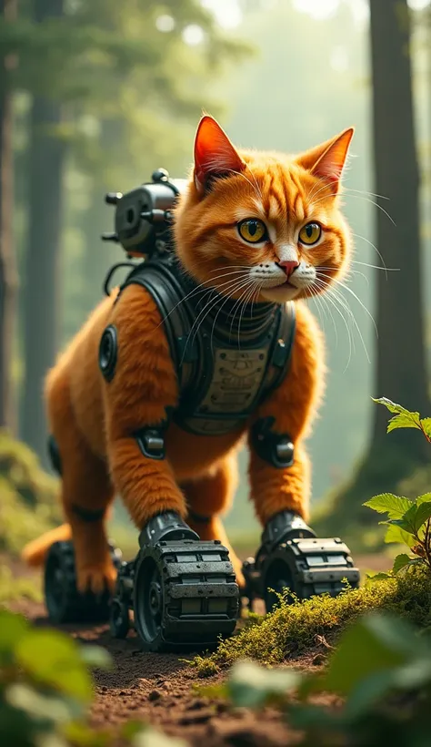 

" Imagine a hybrid cyborg creature ,  combining the characteristics of an orange cat and a war tank . This creature is large and strong ,  with a sturdy body that mixes the agility and feline shape of an orange cat with the powerful metallic structure of...