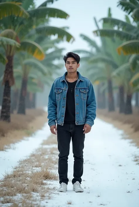  Full photo of a handsome man with slightly chubby body age 22, wearing a blue Levis jacket and black underwear ,  black jeans , white shoes,  standing in the middle of a small road of grass filled with snow,  on the roadside many banana trees and teak tre...