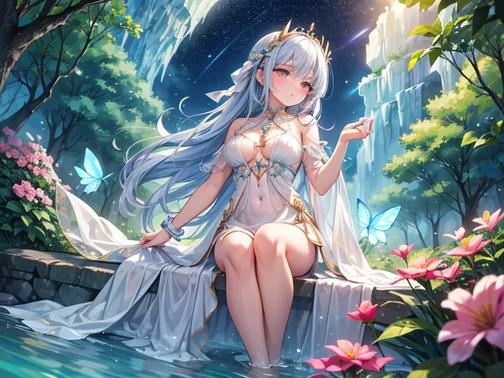 Amidst the clear stream in the lush woods,
A maiden sits gracefully, adorned in elegant attire.
Her silken fabric draped delicately,
A beauty profound, as if bestowed by the heavens.

She holds a crystal in her gentle hand,
Reflecting light like stars in t...